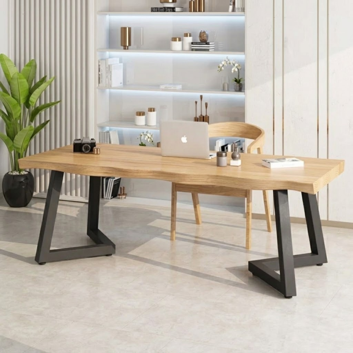 Modern Work Desk with Stylish Black and Wood Frame, Spacious Workspace