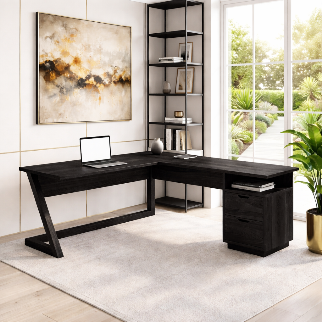 L Shaped Wood Desk with Drawer Storage Corner Office Desk Modern Workspace