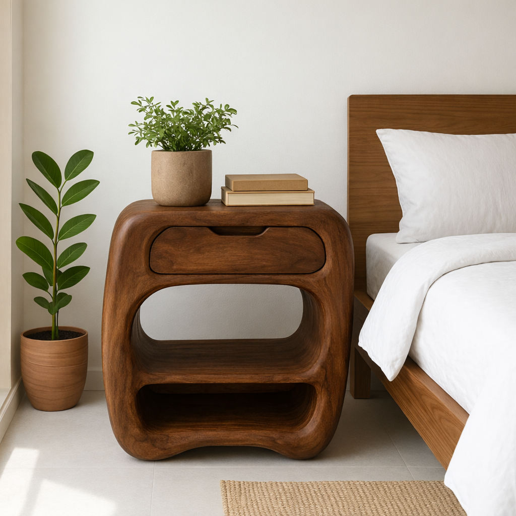 Curved Solid Wood Nightstand with Drawer and Open Shelves - Natural Finish
