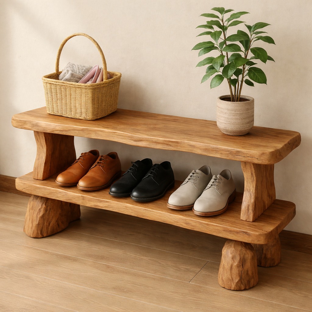 Solid Wood Entryway Bench with Shoe Storage Shelf – Rustic Wooden Shoe Bench