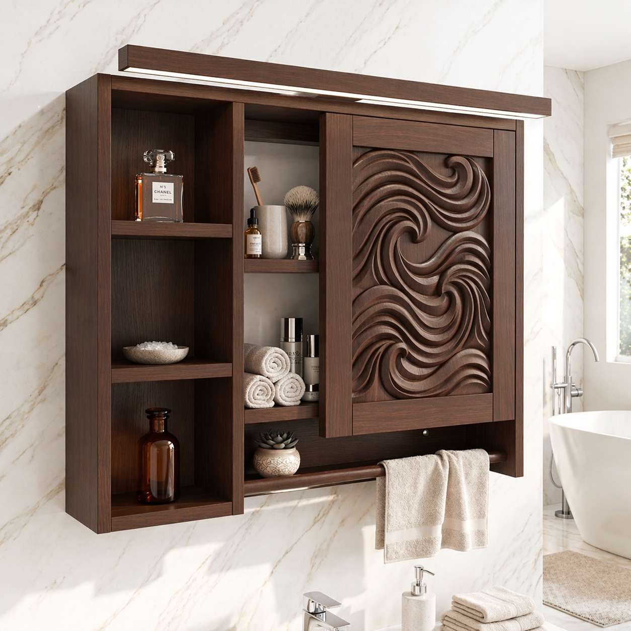 Modern Floating Bathroom Cabinet, Carved Wall-Mounted Vanity Storage Organizer Shelf