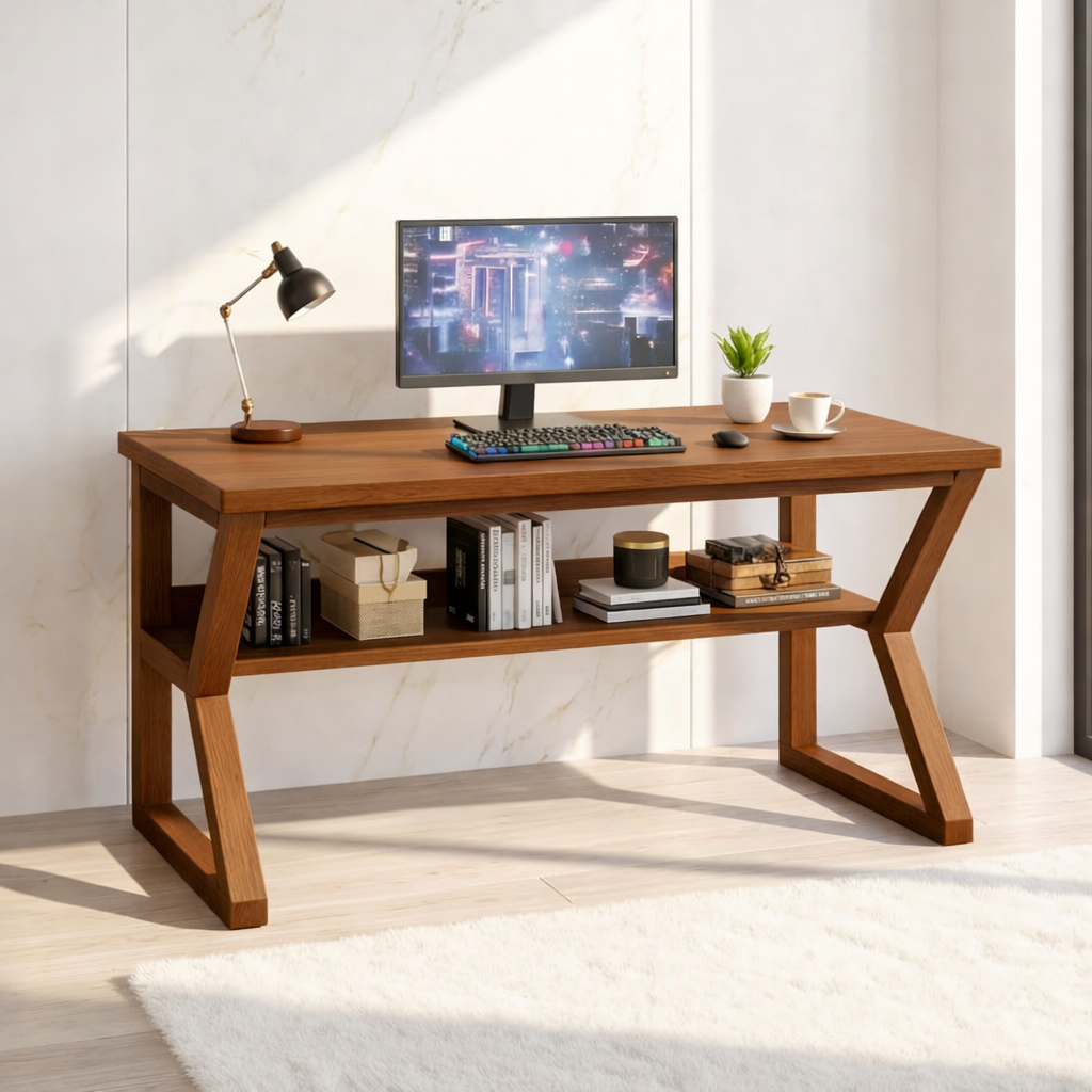 Modern Long Work Desk with Open Shelf Home Office Computer Desk Minimal Design Table