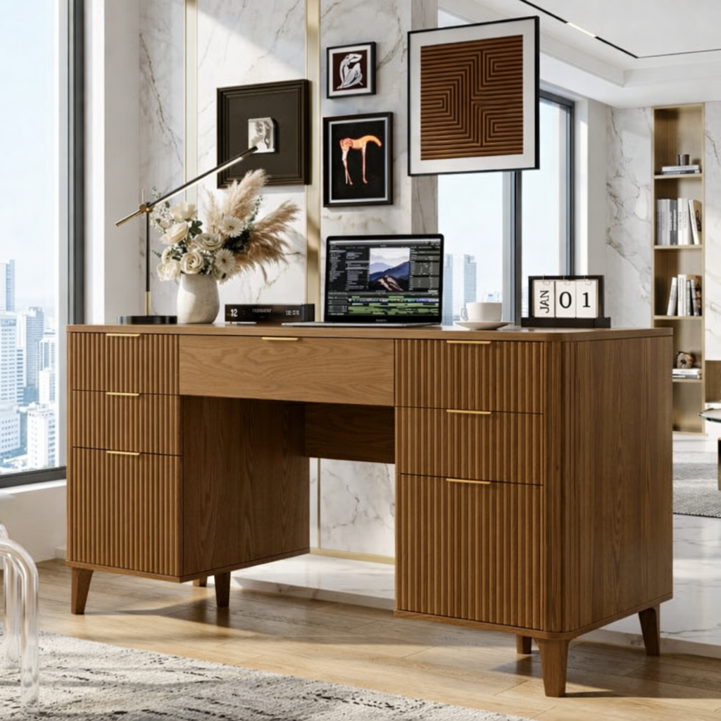 Modern Fluted Executive Desk with Drawers, Large Minimalist Home Office Writing Table