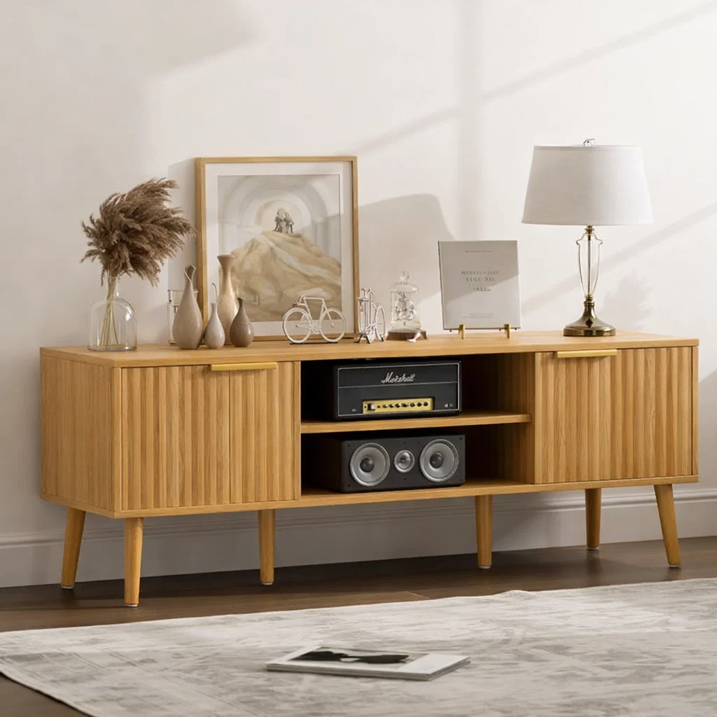 Mid Century Wood Sideboard Cabinet with Slatted Doors & Media Storage Shelf