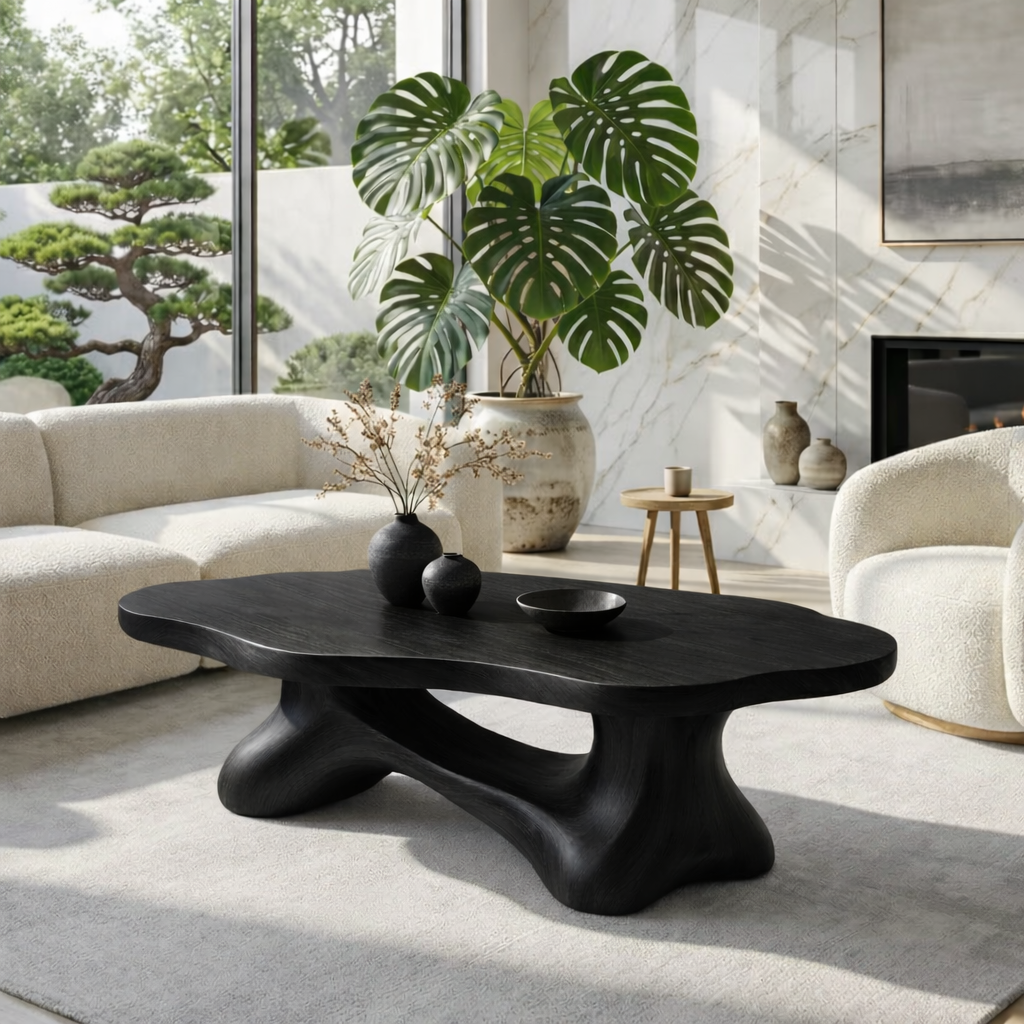 Solid Wood Sculptural Coffee Table with Organic Carved Base, Modern Designer Living Room Table
