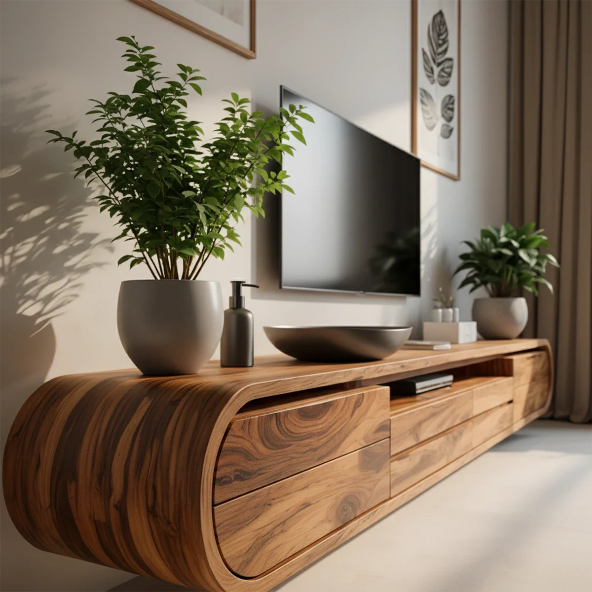 Solid Wood Floating TV Stand Modern Walnut Wall Mounted Media Console