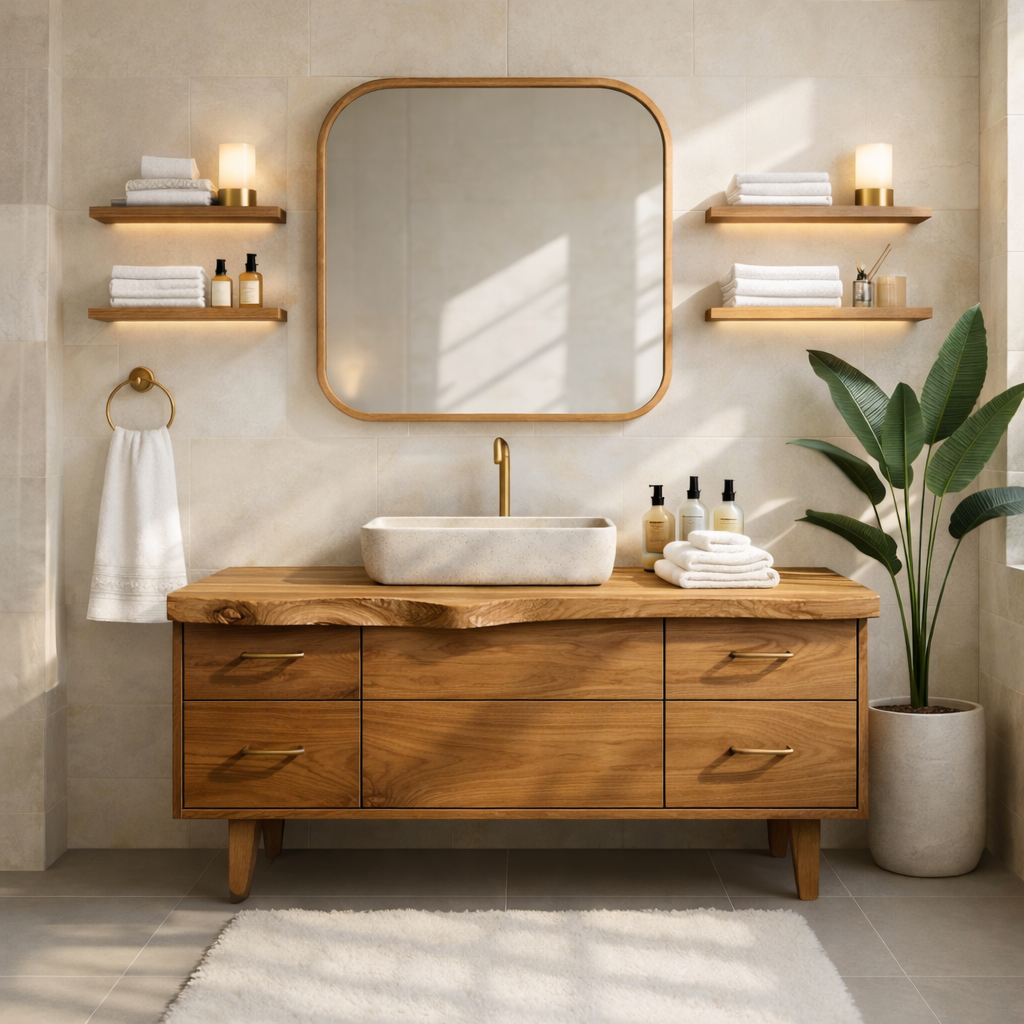 Modern Solid Wood Bathroom Vanity Cabinet With Drawers Mid-Century Style
