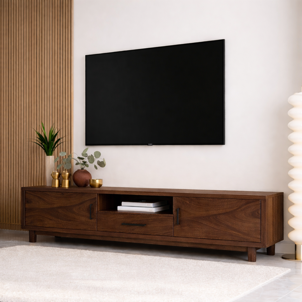 Mid Century Solid Wood TV Stand Wave Front Media Console Modern Entertainment Cabinet