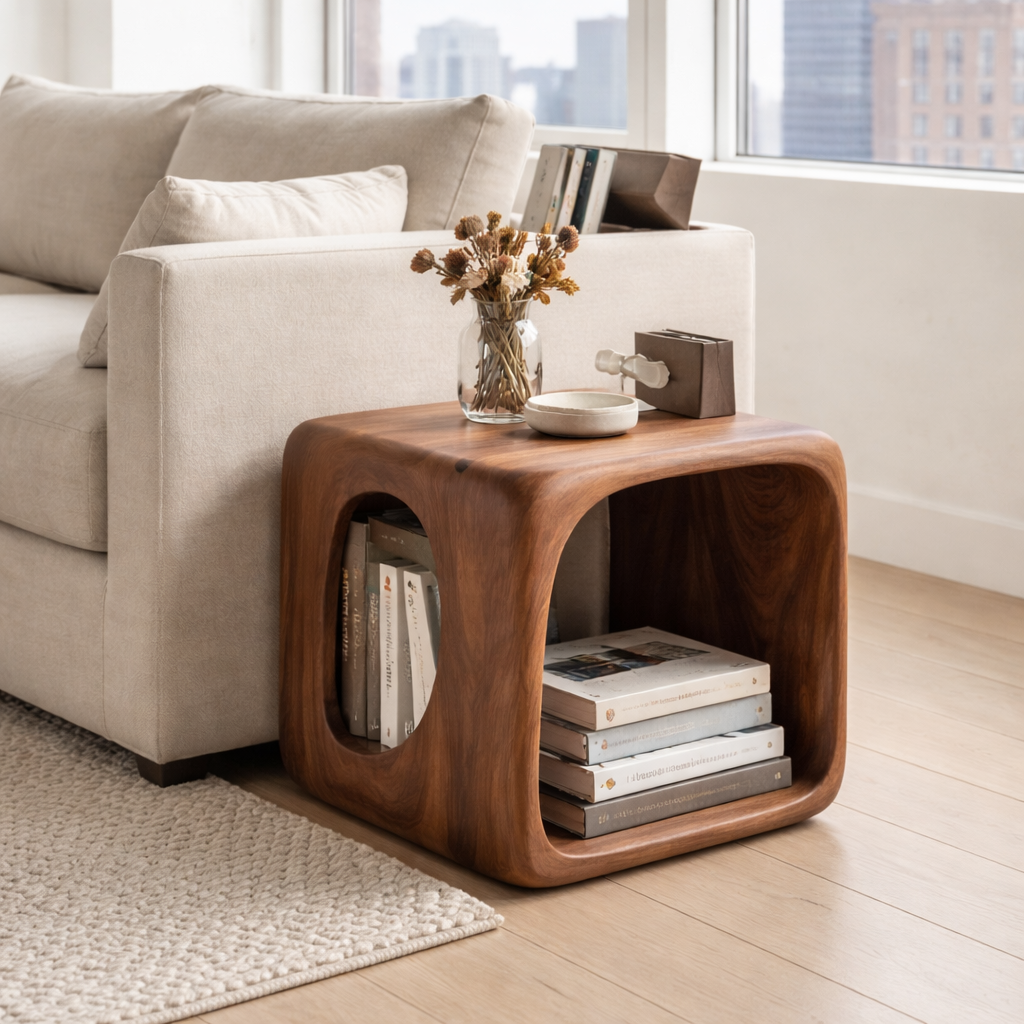 Solid Wood Cube End Table with Storage Shelf – Modern Wooden Side Table