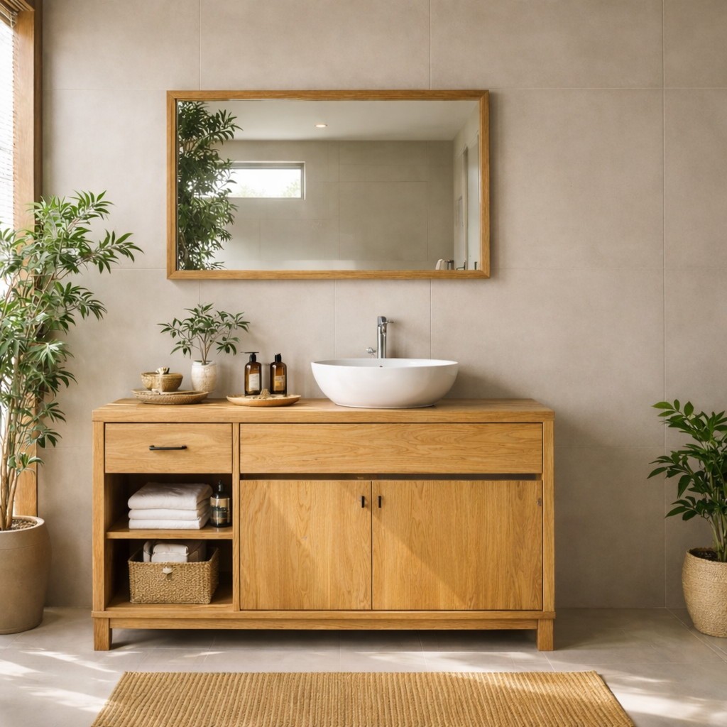 Solid Wood Bathroom Vanity with Side Shelf Storage β Natural Wood Freestanding Vanity Cabinet
