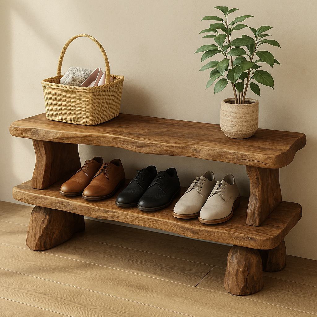 Solid Wood Entryway Bench with Shoe Storage Shelf – Rustic Wooden Shoe Bench