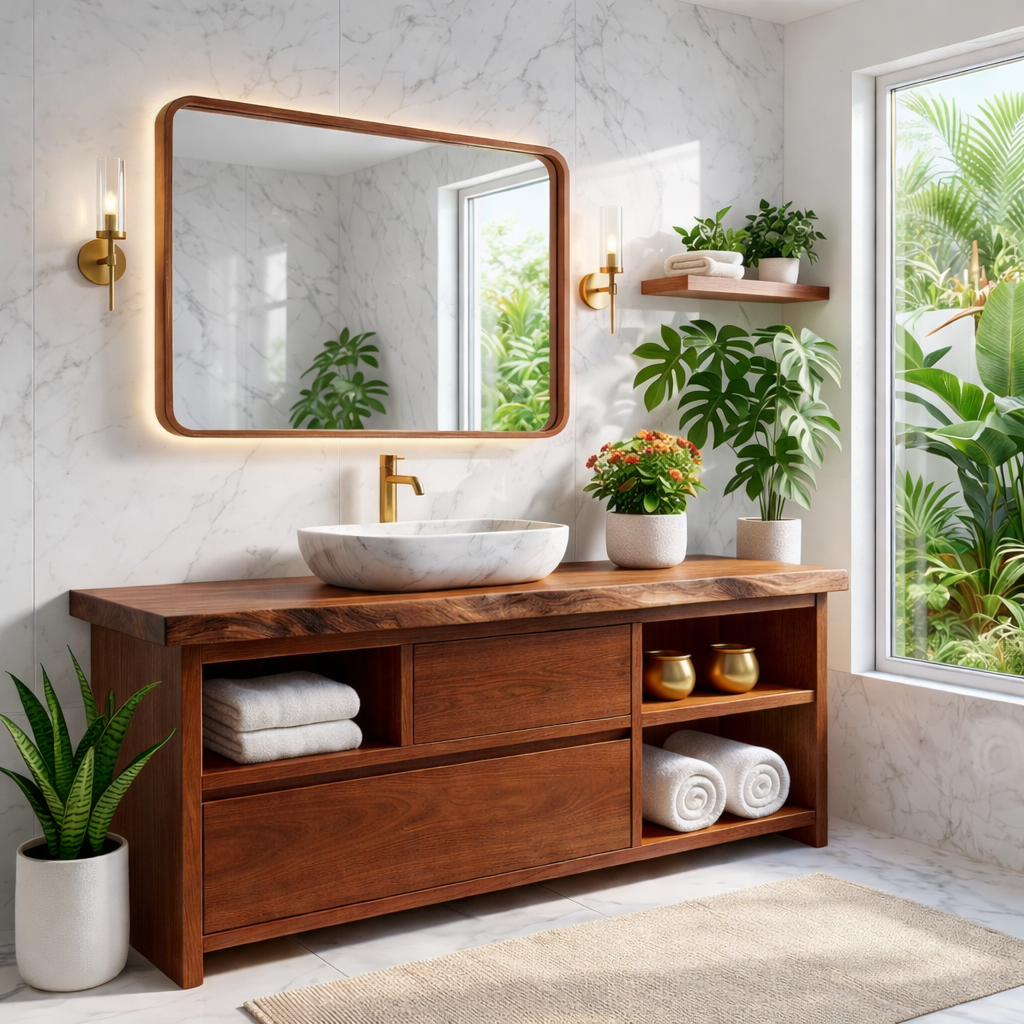 Elegant Wooden Bathroom Vanity with Marble Sink and LED Mirror