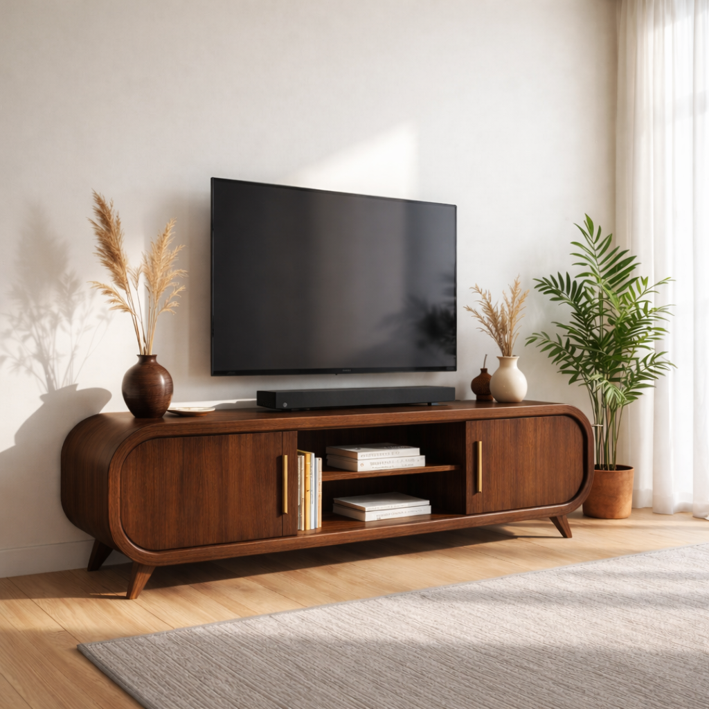 Mid Century Solid Wood TV Stand Curved Media Console Modern Entertainment Center Cabinet