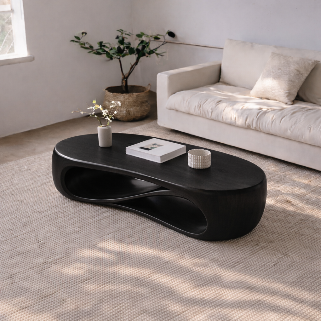 Solid Wood Sculptural Coffee Table with Curved Storage Shelf – Modern Living Room Table