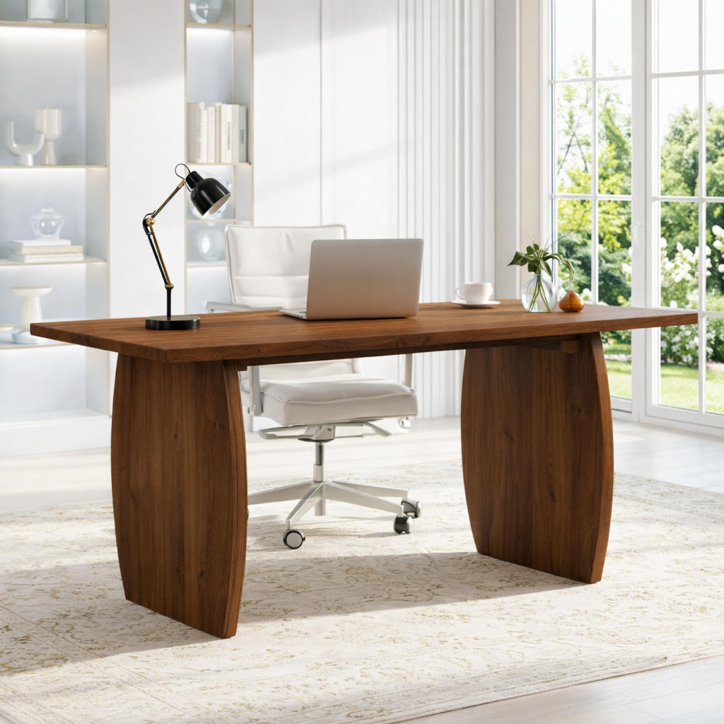 Modern Curved Work Desk with Sculptural Base Large Home Office Writing Table