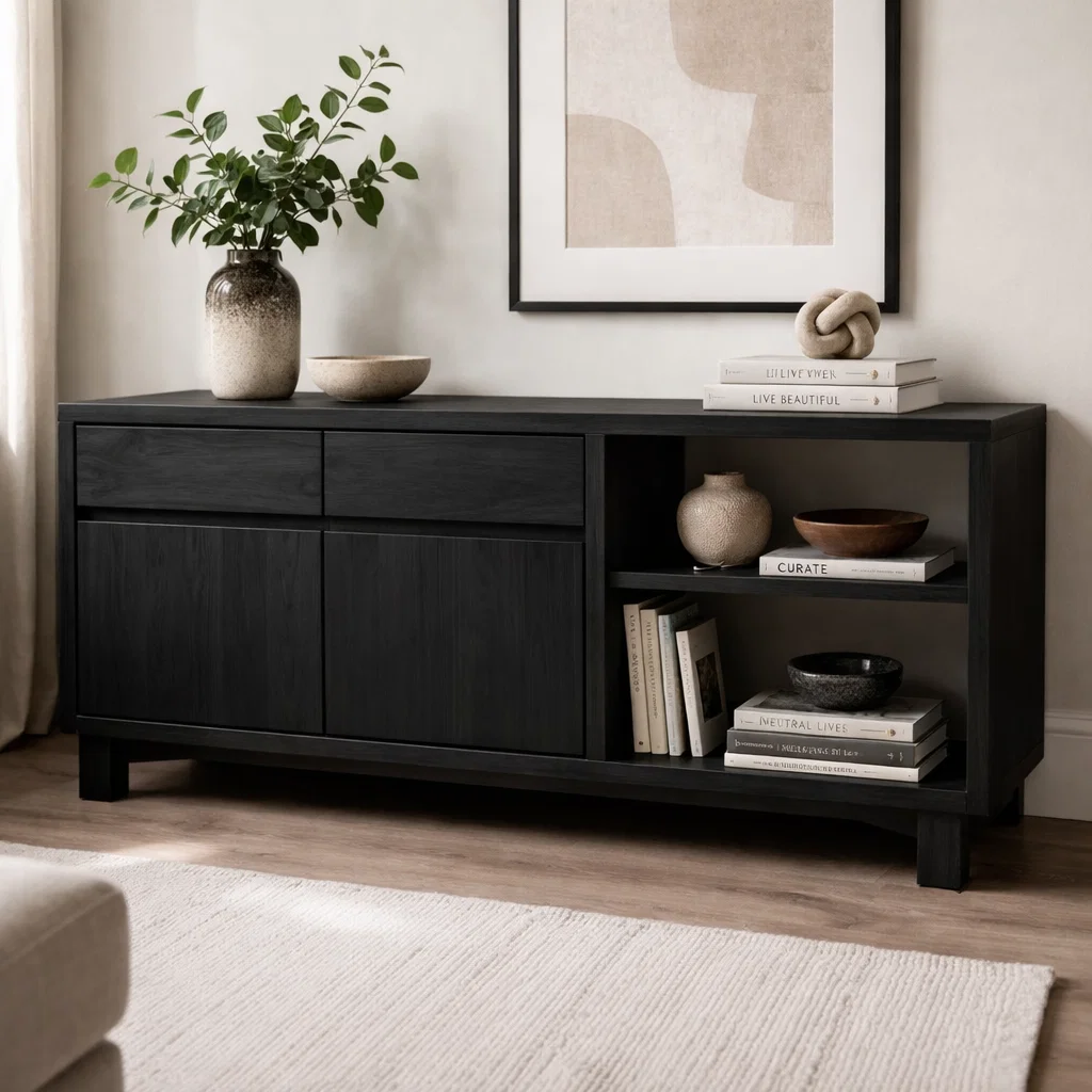 Solid Wood Console Cabinet with Drawers and Open Shelves