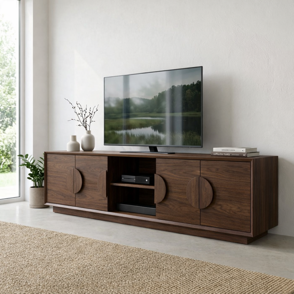 Modern Solid Wood Media Console with Storage – Minimal TV Stand with Cabinets