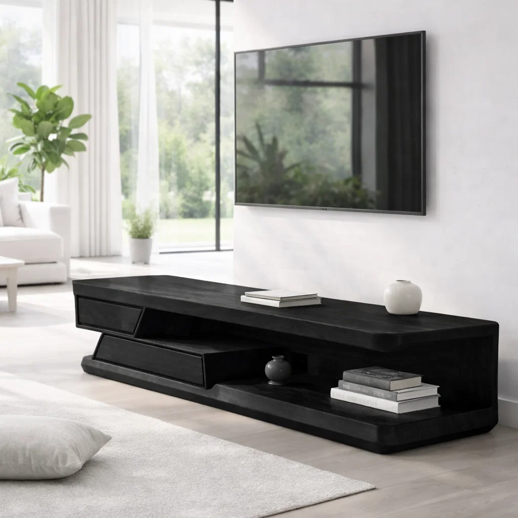 Solid Wood Media Console with Open Shelf & Drawer, Modern Low TV Stand
