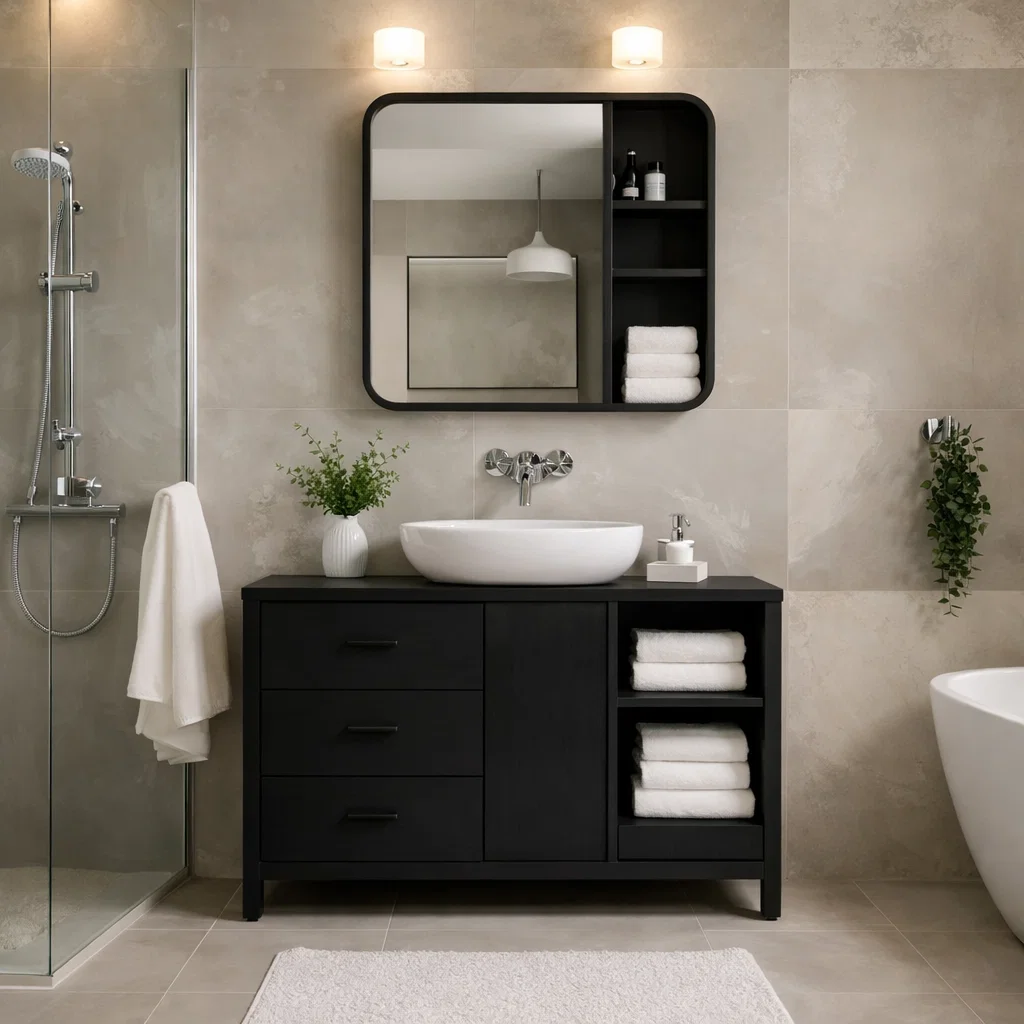 Solid Wood Bathroom Vanity Cabinet with Open Shelves & Drawers β Modern Design