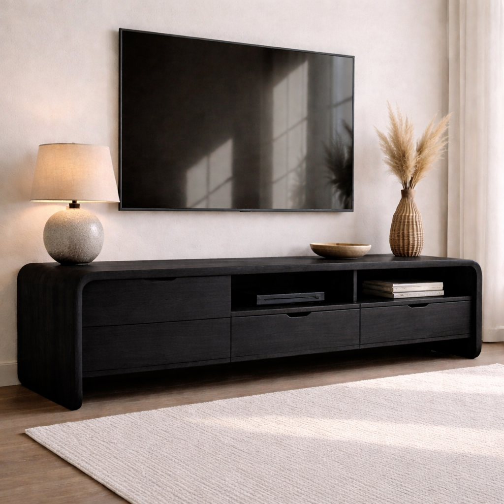 Solid Wood TV Cabinet with Drawers and Open Shelf Storage