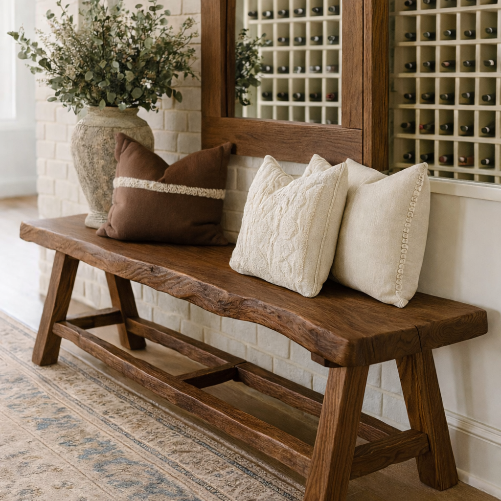 Live Edge Solid Wood Bench, Rustic Handmade Entryway and Dining Seat