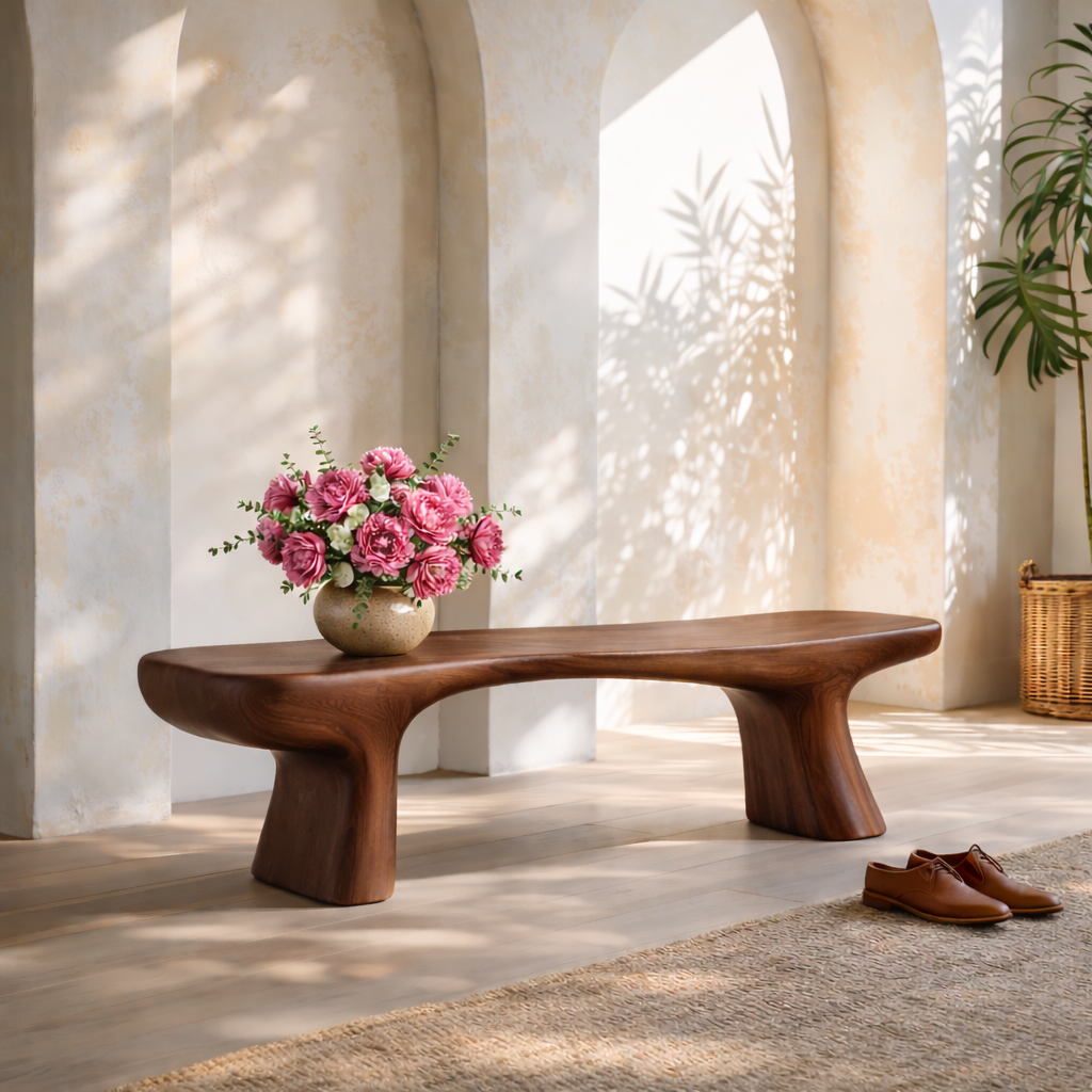 Modern Sculptural Black Wood Bench, Minimalist Statement Seating