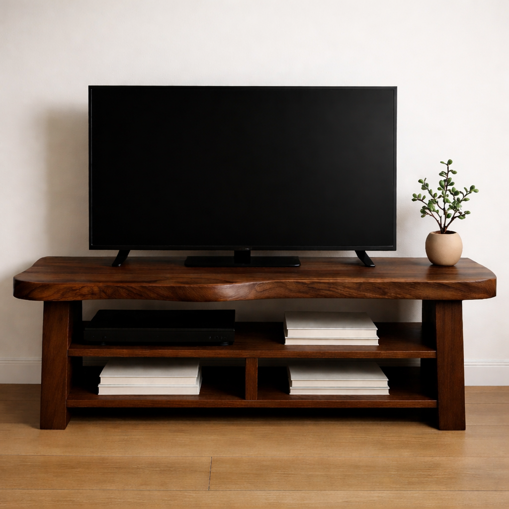 Solid Wood TV Stand with Open Shelves Rustic Live Edge Entertainment Center
