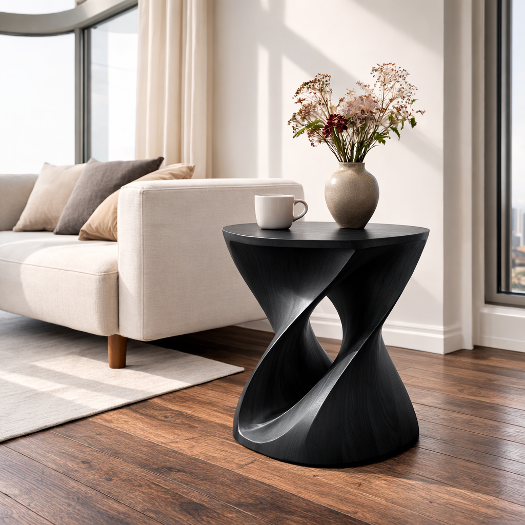 Modern Sculptural Solid Wood End Table – Artistic Curved Side Table for Living Room