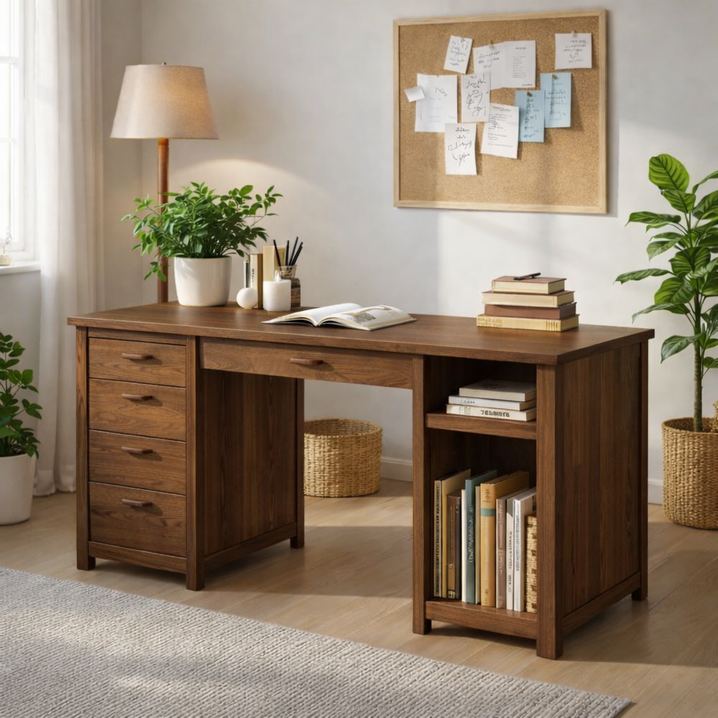 Solid Oak Handmade Work Desk with Drawers and Open Storage Shelves