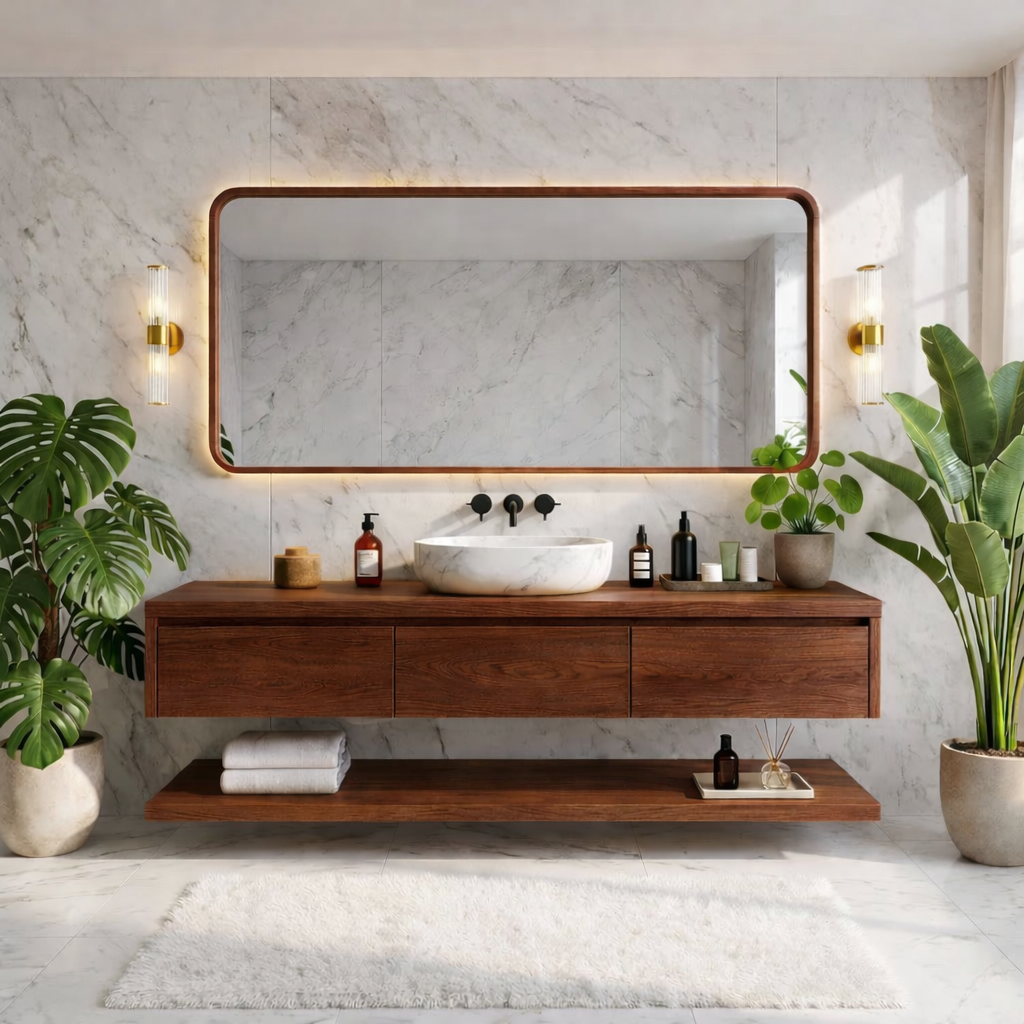 Modern Floating Vanity with Shelves, Oak Bathroom Storage Unit, Wall-Mounted Cabinet