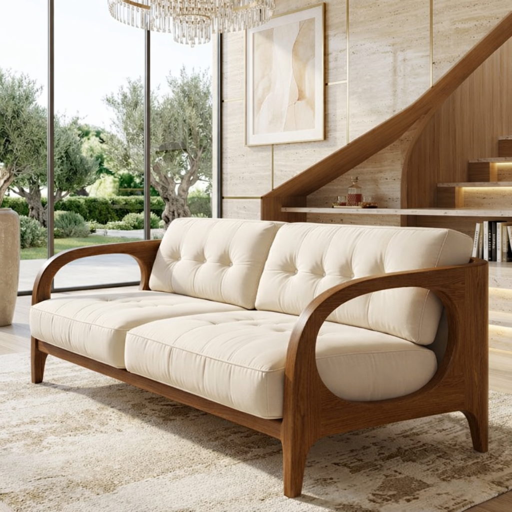 Curved Solid Wood Sofa with Cream Tufted Cushions Mid Century Modern Loveseat
