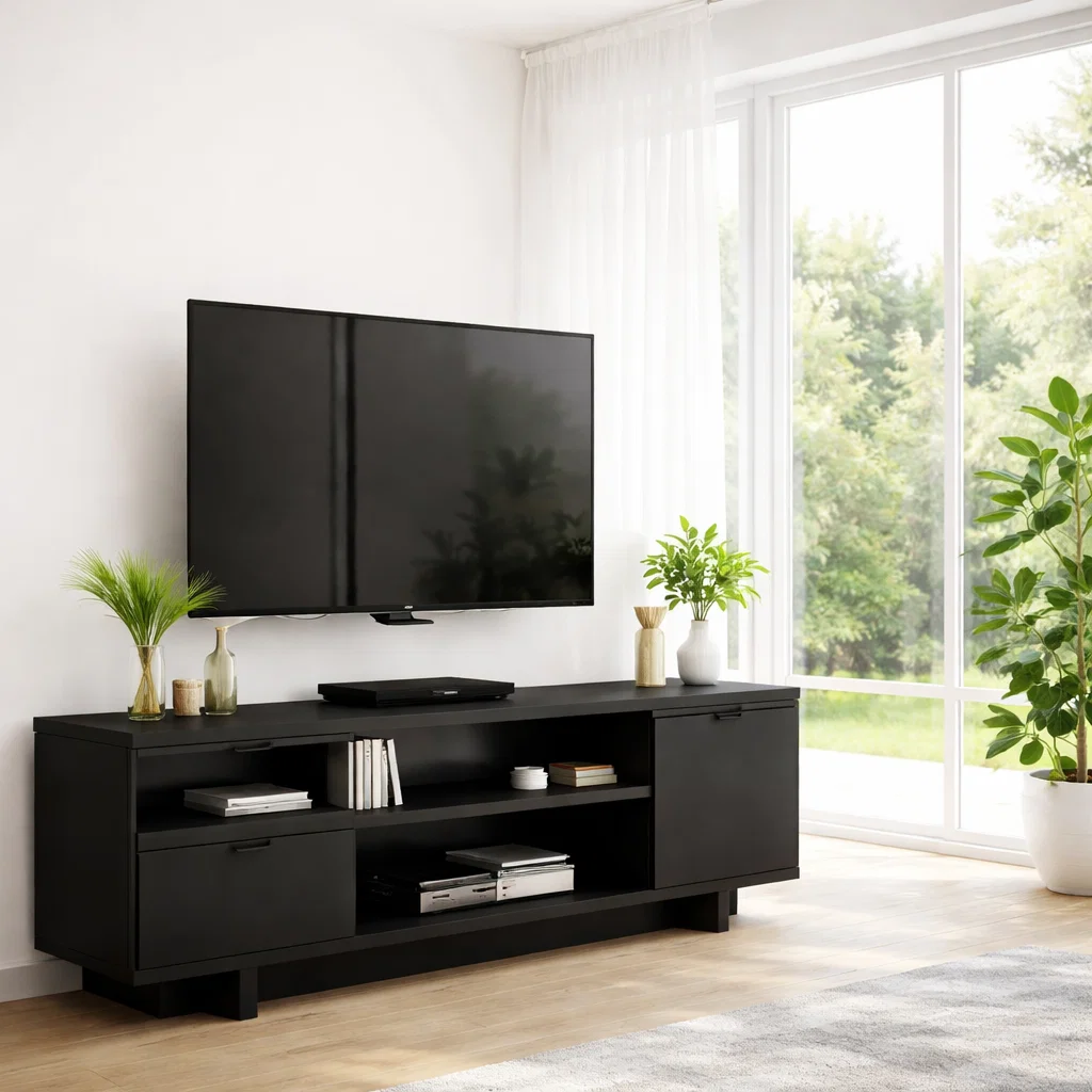 Solid Walnut TV Console with Storage & Open Shelves – Modern Media Unit