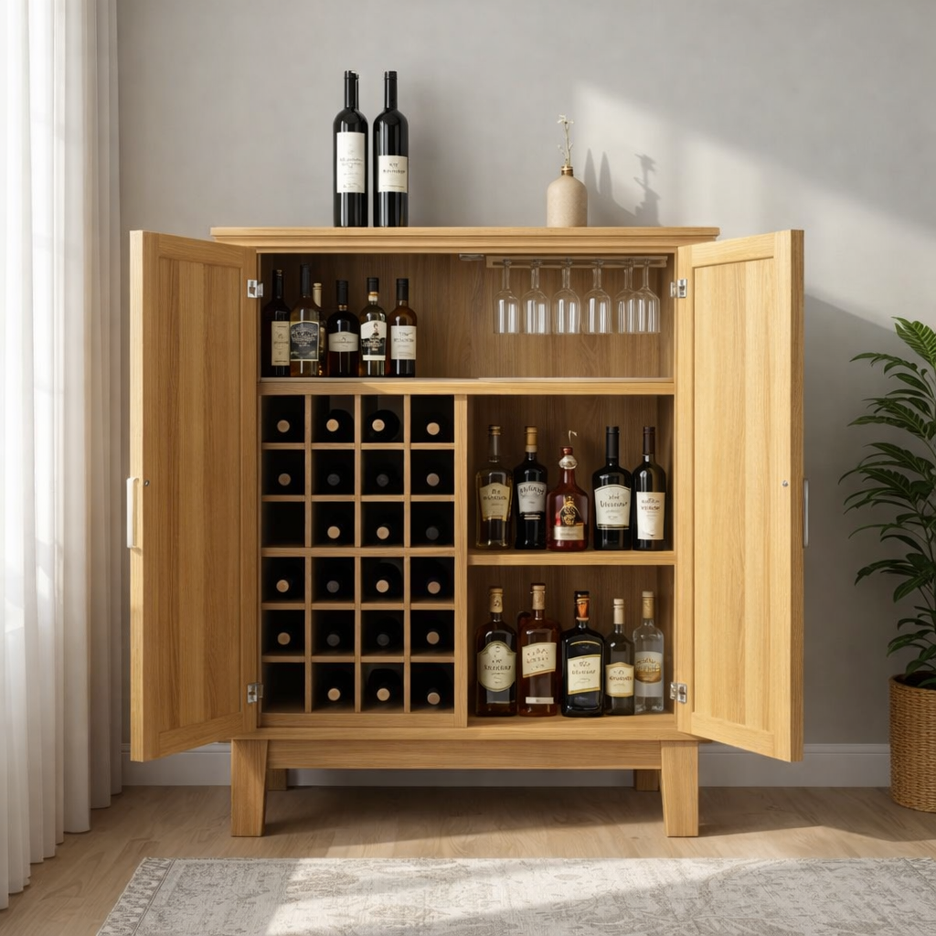 Solid Wood Wine Cabinet with Double Doors and Grid Bottle Storage