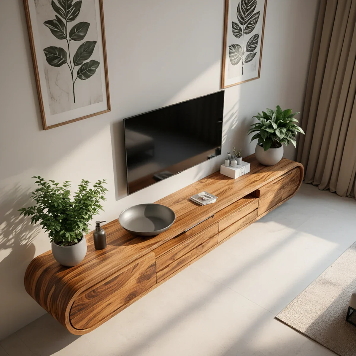 Solid Wood Floating TV Stand Modern Walnut Wall Mounted Media Console