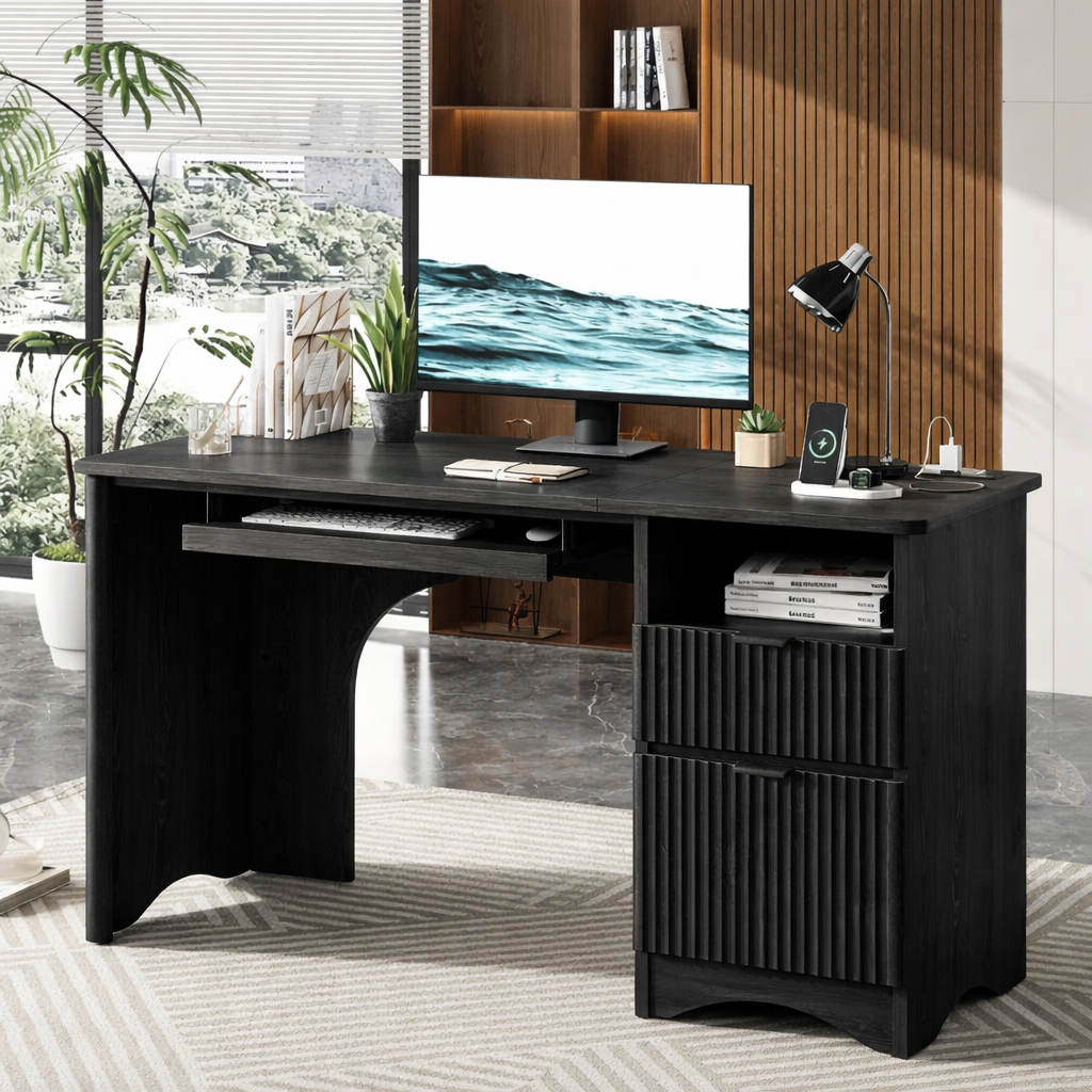 Modern Computer Desk with Drawers, Home Office Workstation, Writing Table with Storage Shelf