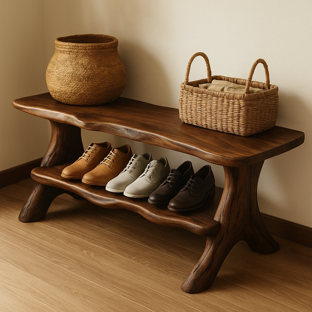 Rustic Solid Wood Shoe Storage Bench – Entryway Wooden Bench with Open Shelf