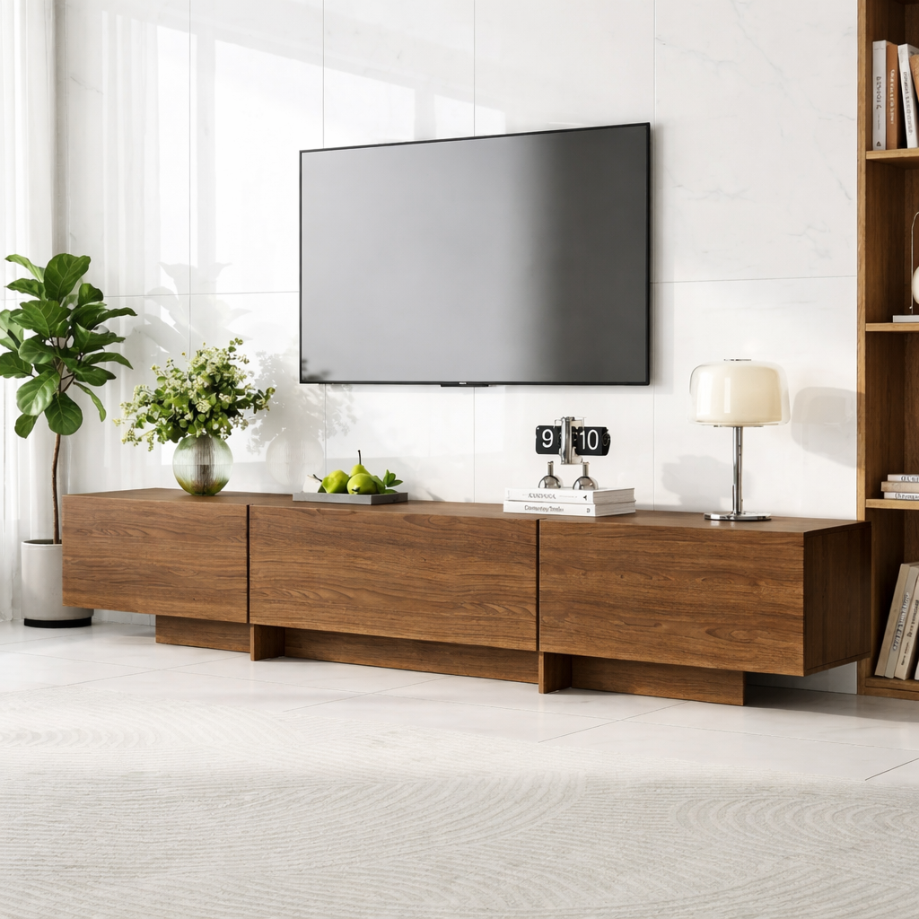 Modern Solid Wood TV Stand Long Low Profile Media Console Minimal Storage Unit