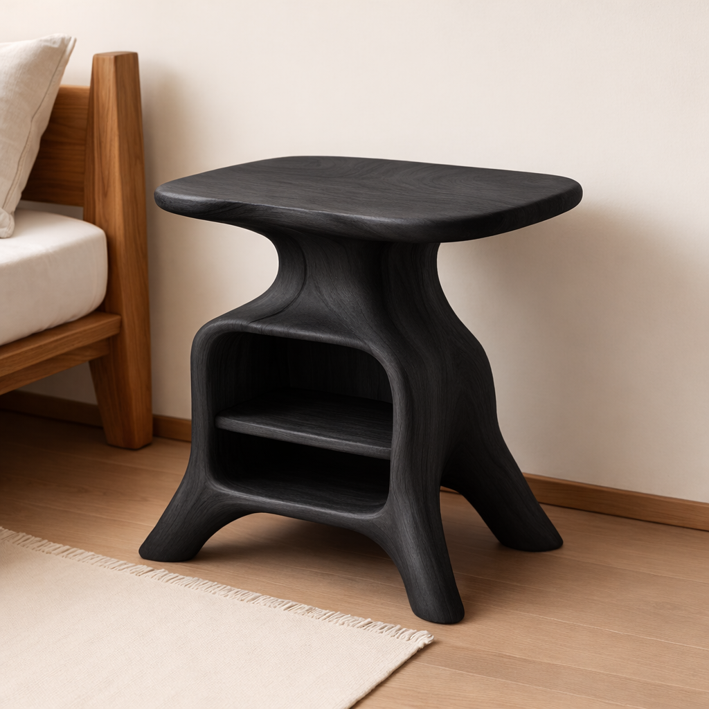 Contemporary Wooden Nightstand with Smooth Curves and Open Storage - Natural Oak
