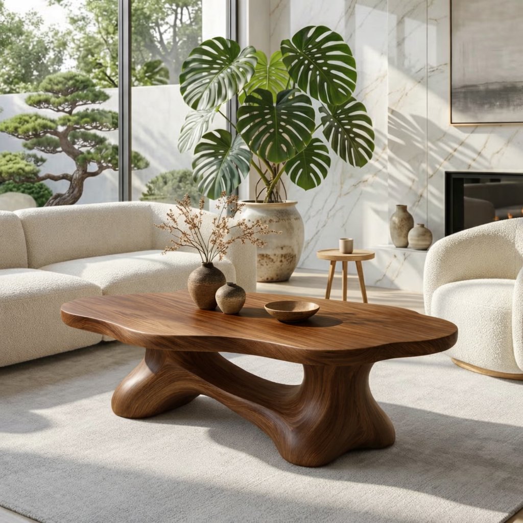 Solid Wood Sculptural Coffee Table with Organic Carved Base, Modern Designer Living Room Table