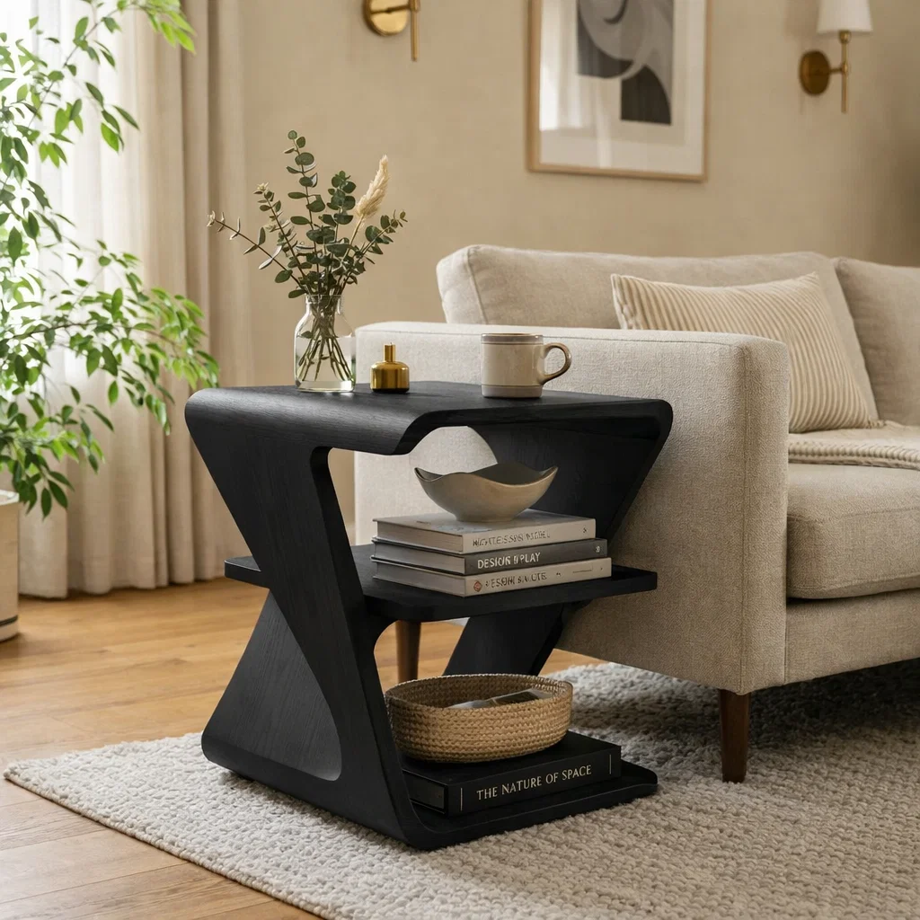 Modern Solid Wood End Table with Storage Shelves – Sculptural Side Table