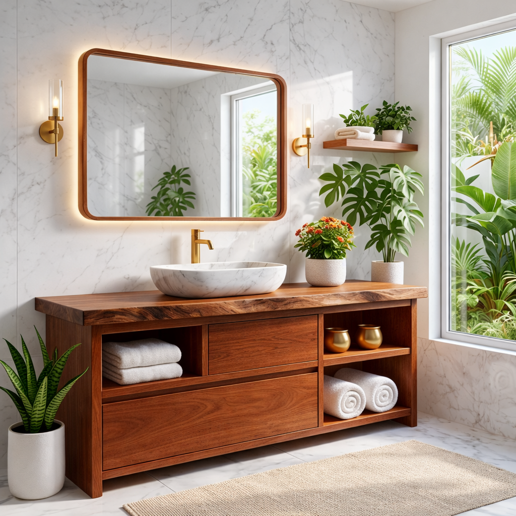 Elegant Wooden Bathroom Vanity with Marble Sink and LED Mirror