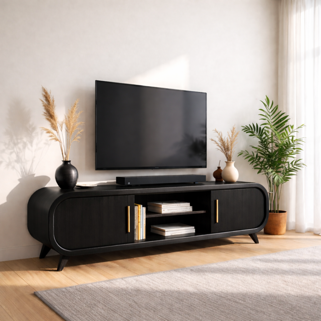 Mid Century Solid Wood TV Stand Curved Media Console Modern Entertainment Center Cabinet