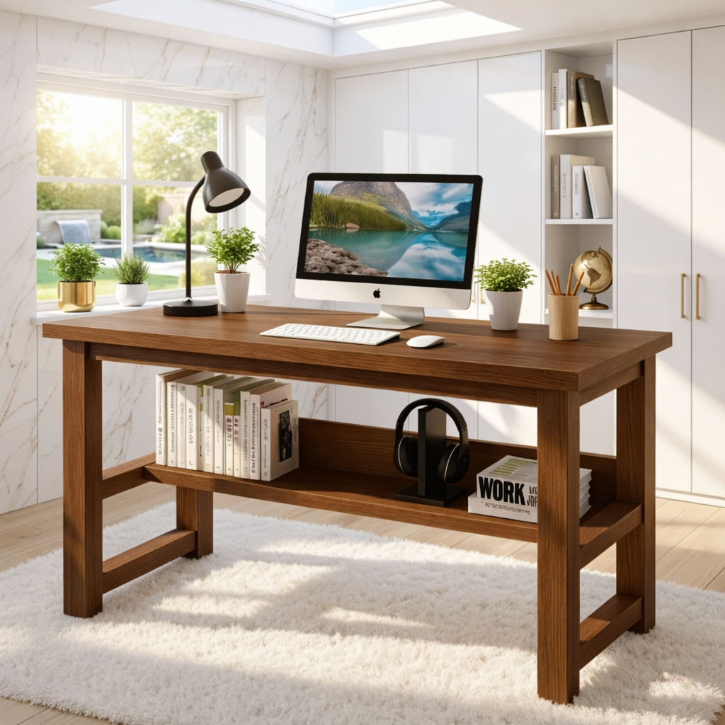 Modern Writing Desk with Open Shelf Home Office Computer Desk Minimal Work Table