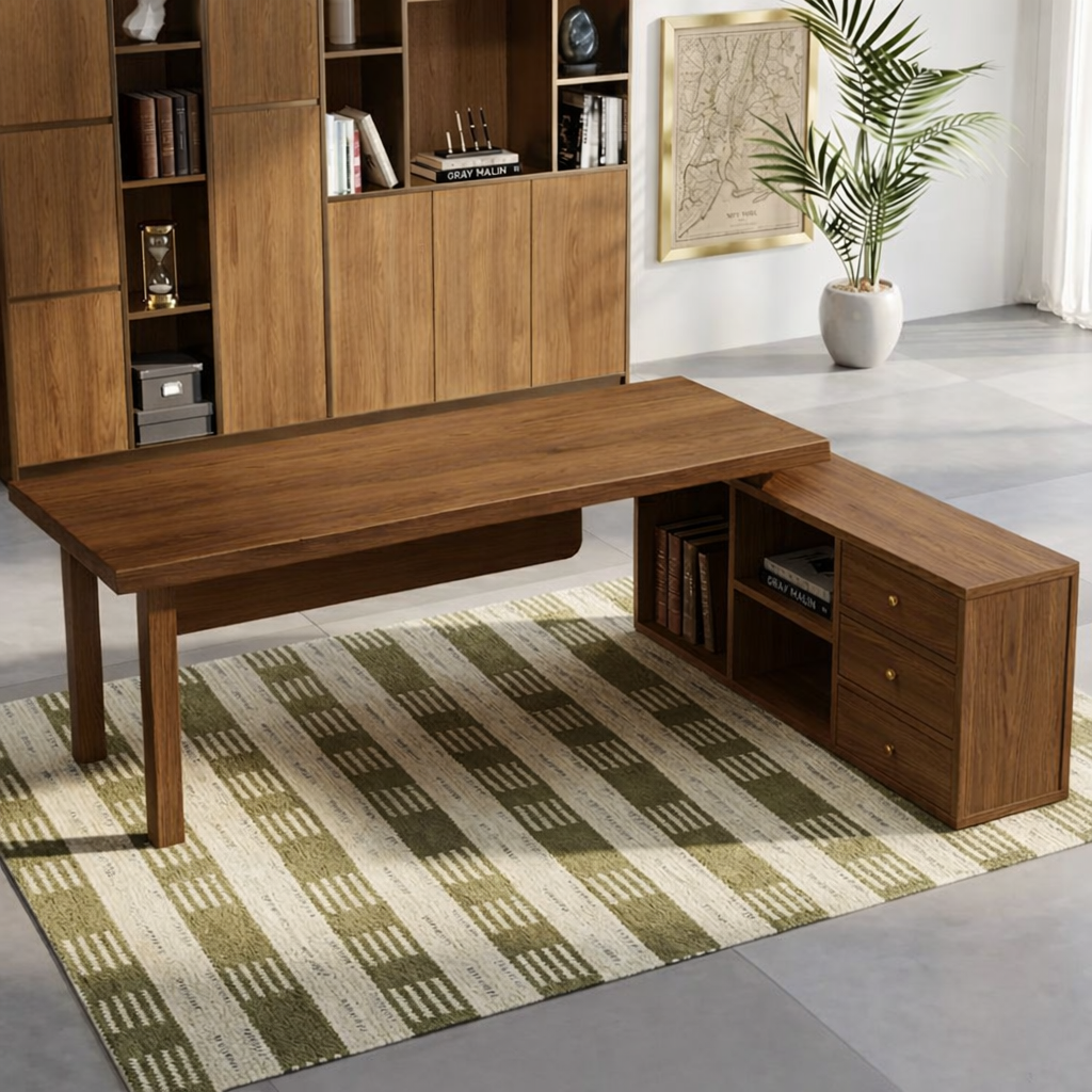 Modern Work Desk with Storage, Spacious Desk for Office, Simple Desk with Shelves