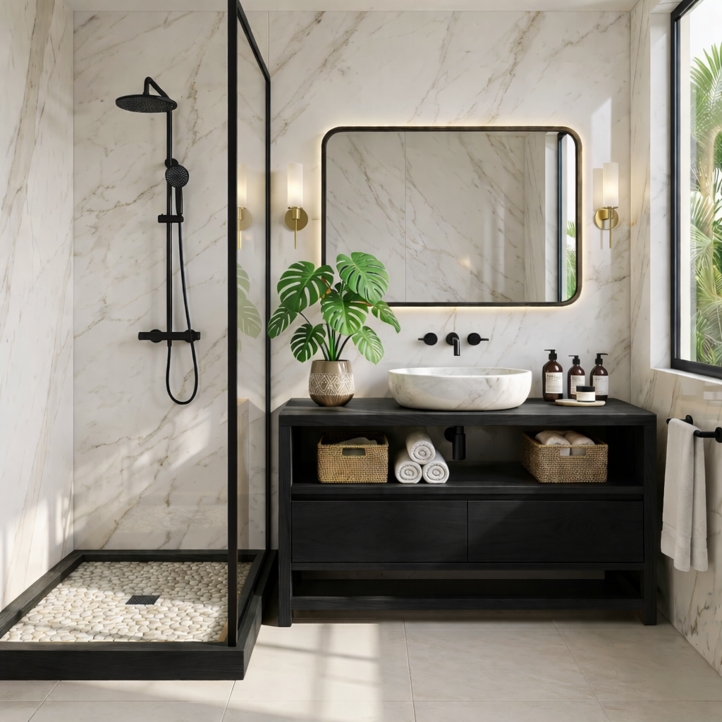Modern Oak Bathroom Vanity with Marble Sink and LED Mirror