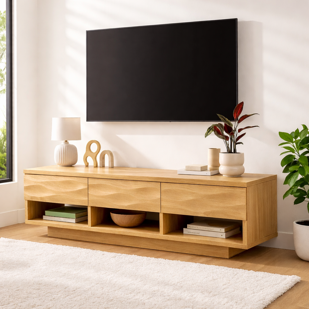 Handcrafted Solid Walnut TV Stand – Modern Wavy Drawer Media Console for Contemporary Homes