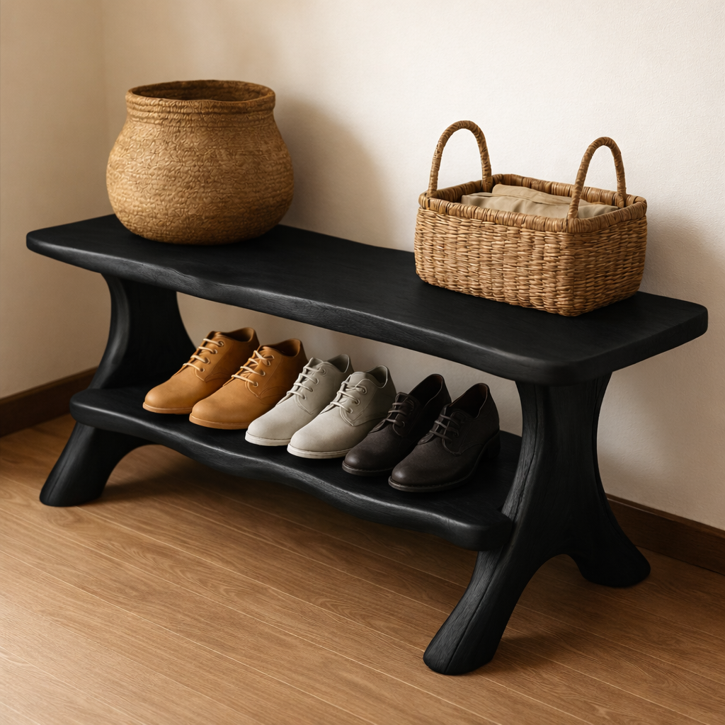 Rustic Solid Wood Shoe Storage Bench – Entryway Wooden Bench with Open Shelf