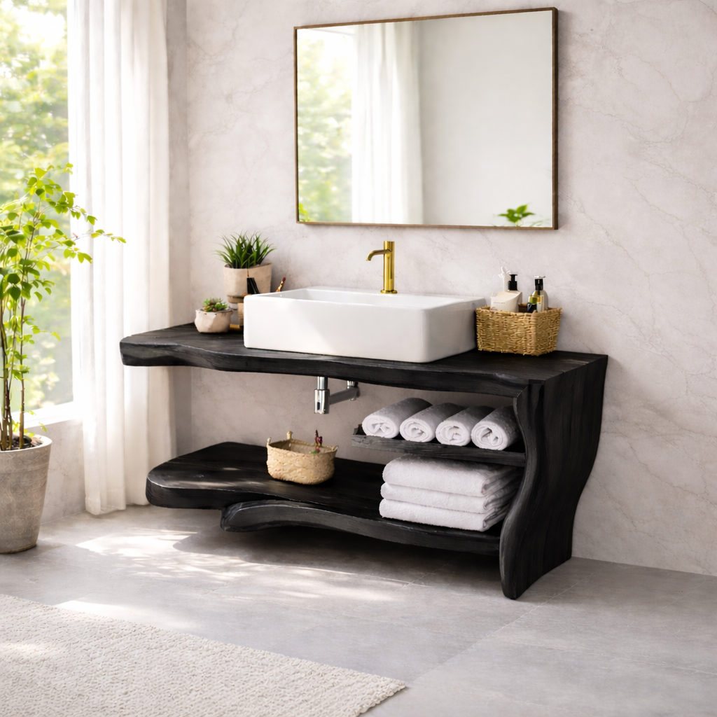 Live Edge Solid Wood Bathroom Vanity with Shelf β Rustic Modern Floating Vanity