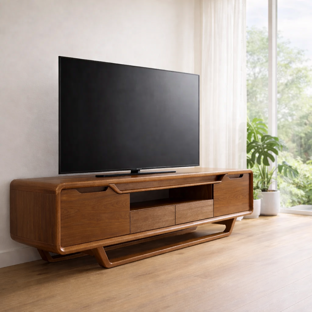 Modern Solid Wood TV Console with Curved Edges & Storage Cabinets