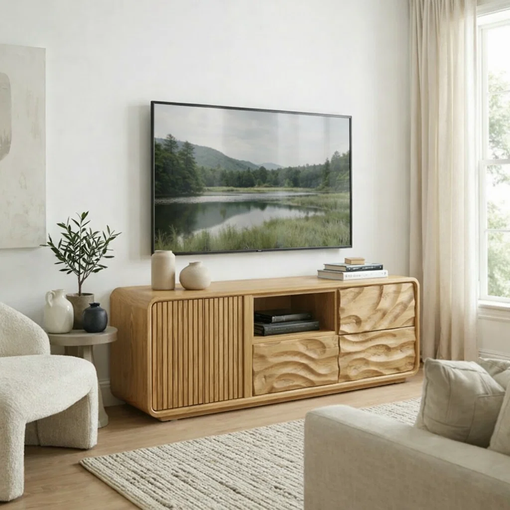 Solid Wood Media Console with Fluted & Carved Doors, Modern TV Stand with Storage